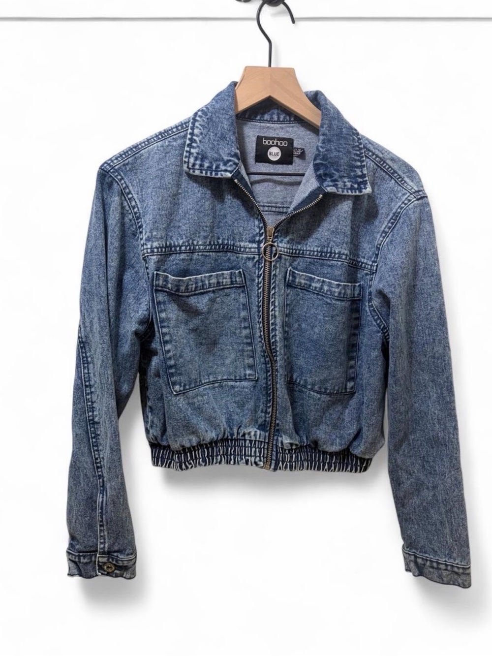 Boohoo Washed Blue Cropped Denim Zip Jacket